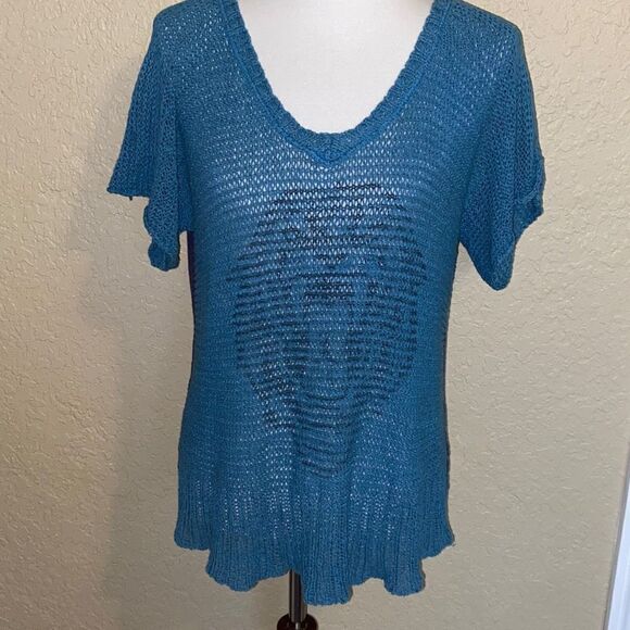 We the Free People slouchy open weave blue sweater top lion front & back panel M - Picture 2 of 8